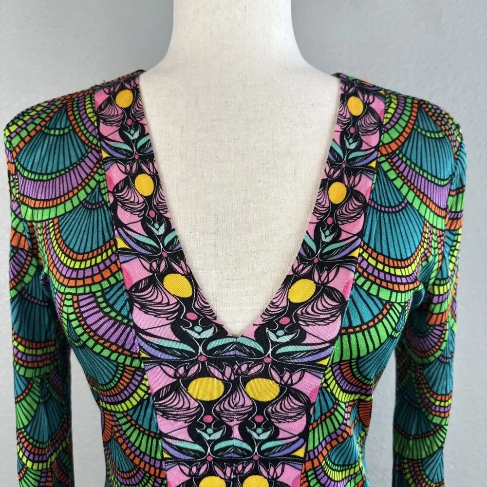 Custo Barcelona Long Sleeve Mini Dress Size 1 S Colorful Geometric Jersey V-Neck - Picture 2 of 6